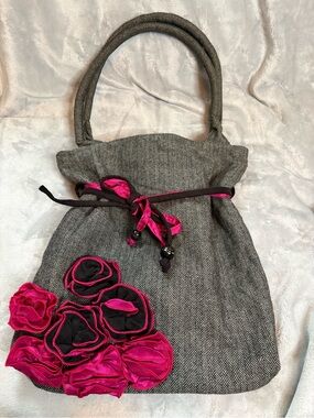 Rare Vintage Concubine Montreal Tweed & Hot Pink Satin Rosette Bag